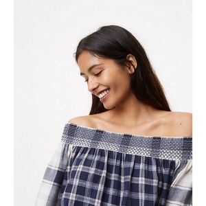 NWT Ann Taylor LOFT Shimmer Plaid Off The Shoulder Top blue blouse XS